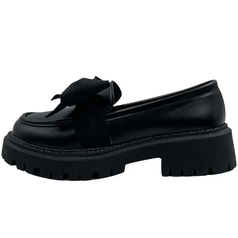 Black Leather Shoes for Women in Summer 2024 Lolity Shoes Hot New Style Bow-tie Slip-on Thick-soled Shoes Loafers