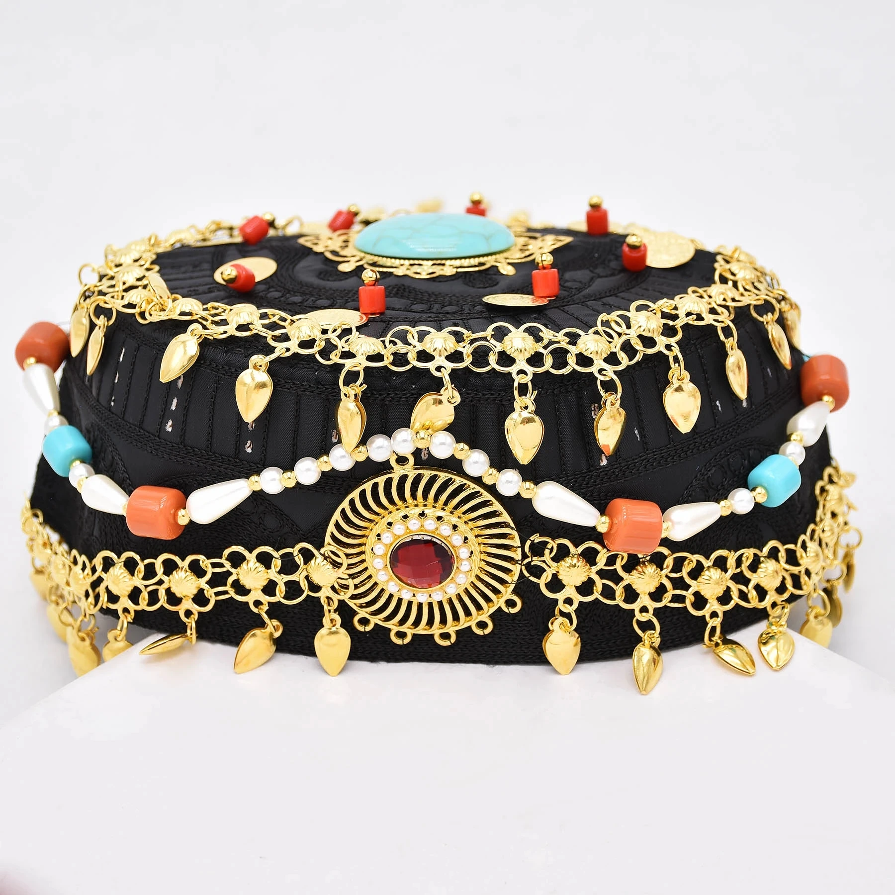 Style Women Cap Hair Jewelry Hat  turquoise Red Crystal Long Tassel Bohemian Ethnic Statement Headband for Women Accessories