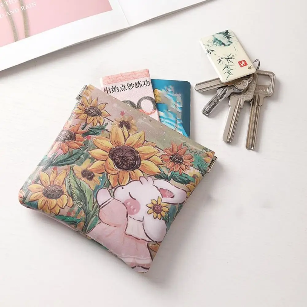 Cute PU Coin Purses Automatic Closing Waterproof Mini Storage Bags Bunny Print Data Cable Storage Package Women