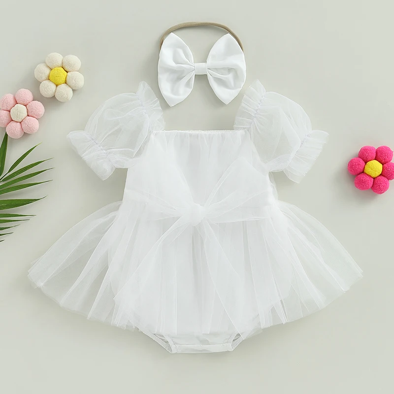 Girl Romper Short Puff Sleeve Lace Mesh Tulle Dress with Bowknot+Headband Set