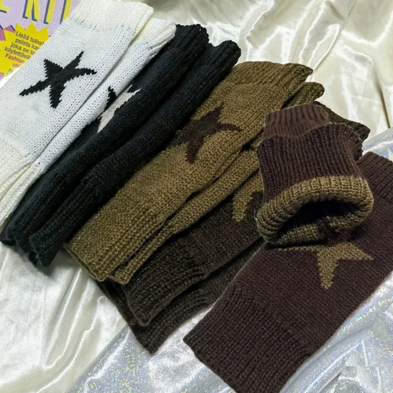 Autumn Winter Knitted Woolen Gloves Fashion Y2K Star Men Women Half Finger Soft Warm Mittens Five Pointed Star Fingerless Gloves