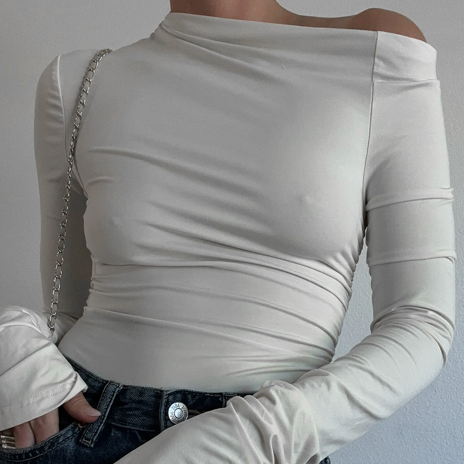 Women's Irregular Solid Color Tops Slant Shoulder Long Sleeve Slim T-Shirt Clubwear