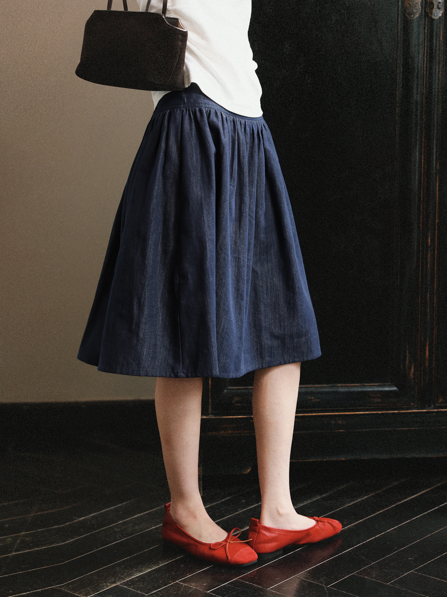 High Waist A-Line  Skirt Retro Cotton Linen Dark Blue Slimming Umbrella Skirt MUNNS RUIXI Women's Fashion Spring Summer