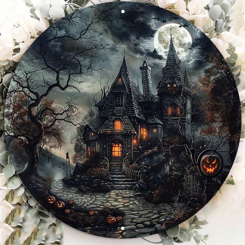 

Halloween Haunted House Round Aluminum Sign, UV and Scratch Resistant, Outdoor and Indoor Decor, Wall Art, Home Decoration