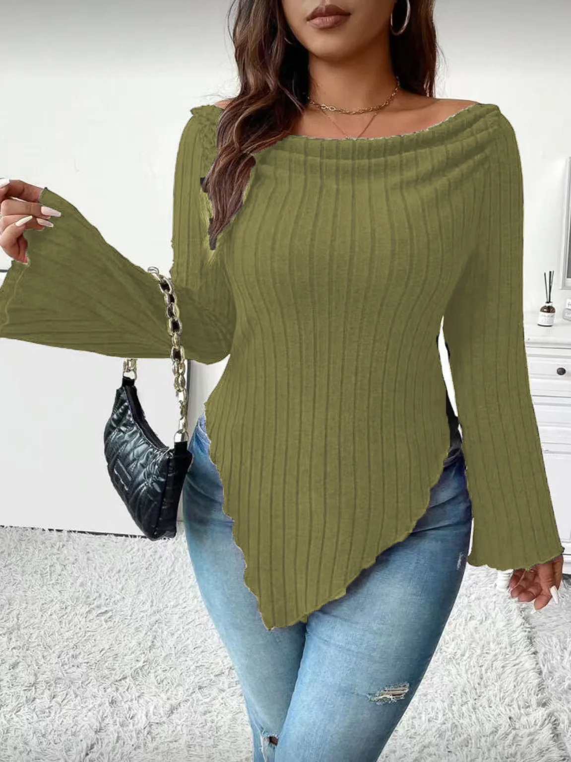 

Футболка с открытыми плечами, женская весенняя эластичная облегающая футболка в консервативном студенческом стиле для школьников, универсальная плиссированная в рубчик GF