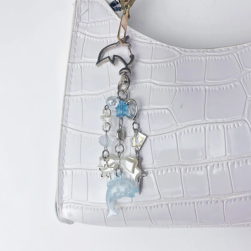 Criativo frisado chaveiro doce legal estrela golfinho pingente chaveiro moda charme carro chaveiro requintado mochila decoração presentes