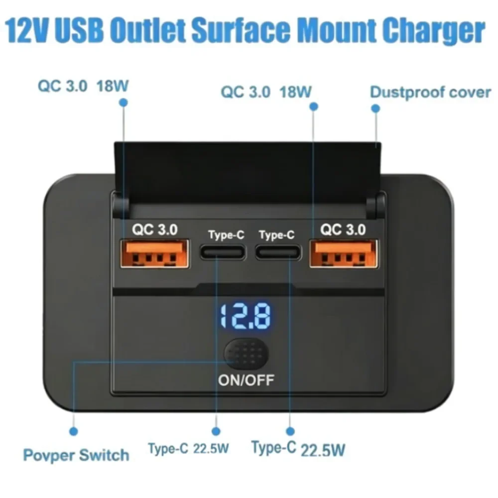 12-24V Panel Mount Cigarette Lighter Splitter 4-Port Dual Type-C QC Fast Car Charger Switch & Volt Display for RV Truck ATV Boat
