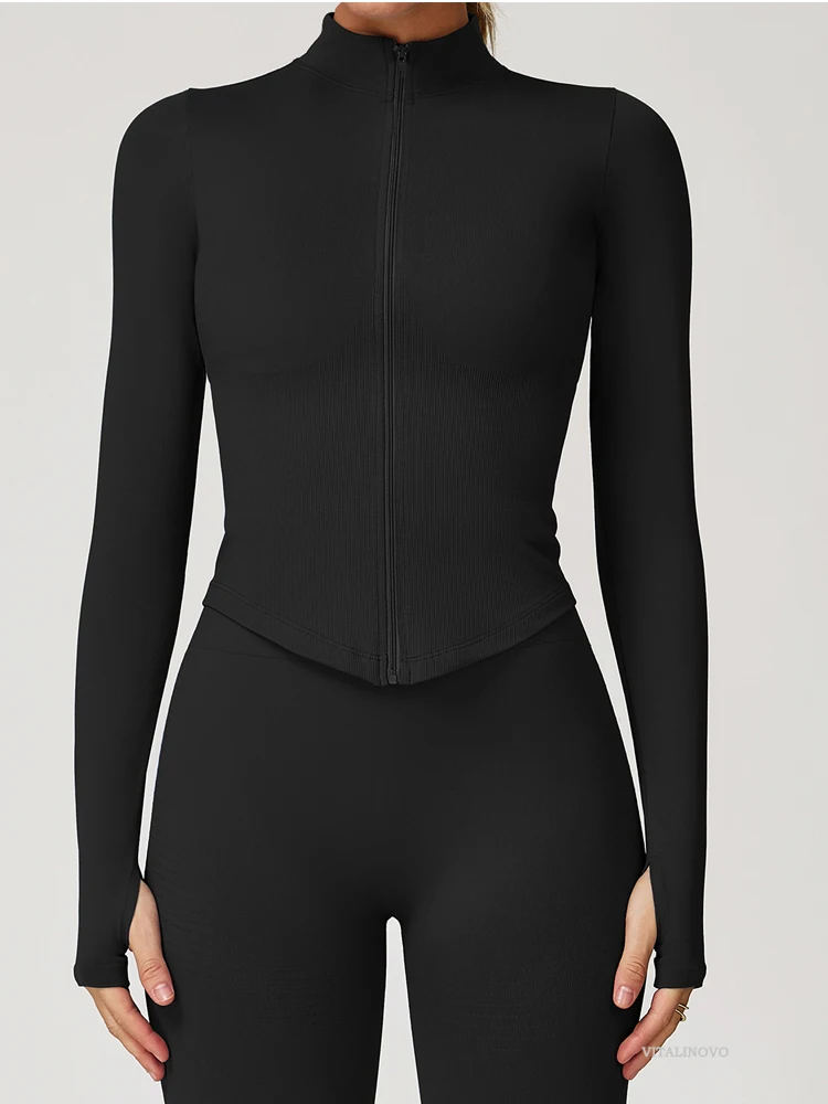 VITALINOVO Damen Cropped Running Workout Jacken mit Reißverschluss, schmal geschnittene Sportjacken mit Daumenlöchern, nahtlose, dehnbare Trainingsjacken – Detail 1