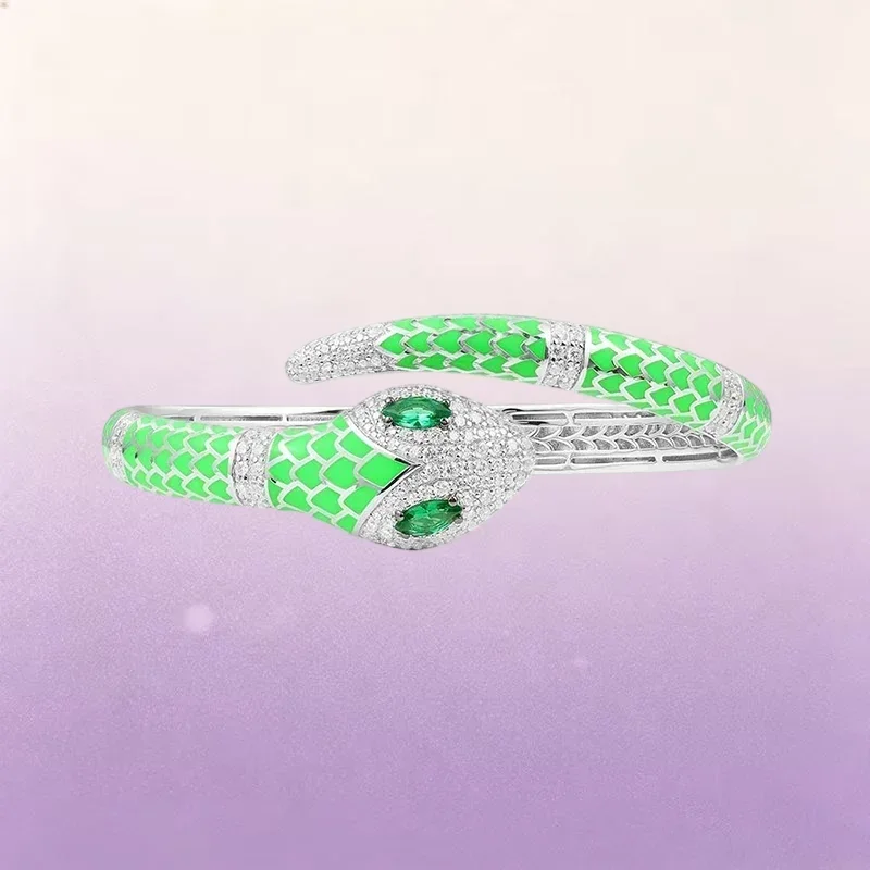 ZPFF S925 Sterling Silver Green Pink Snake Ring Earrings Bracelet Women Exaggerated Animal Luxury Banquet Fashion Party Jewelry - view 6