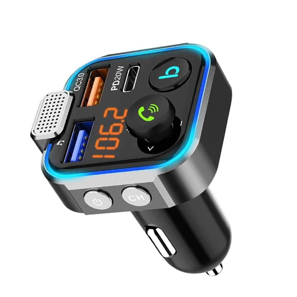 Car Bluetooth-compatible 5.0 FM Transmitter One Key Bass Mp3 Player Large Microphone USB Music Play QC3.0 PD20W Quick Charger