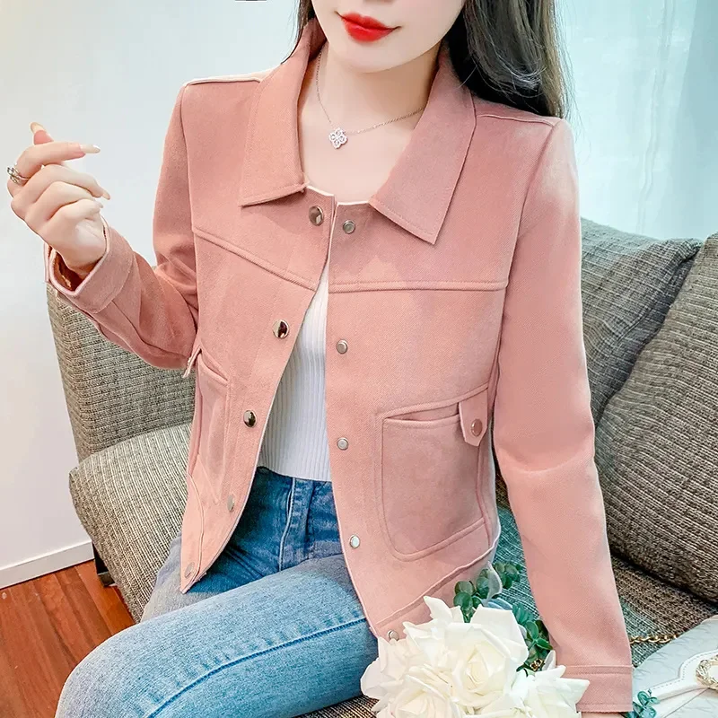 High Quality Suede Short Jacket Fr Women Spring 2024 Slim Fit And Slimming Motorcycle Suit Beige Jacket Top Pink Outwear Button