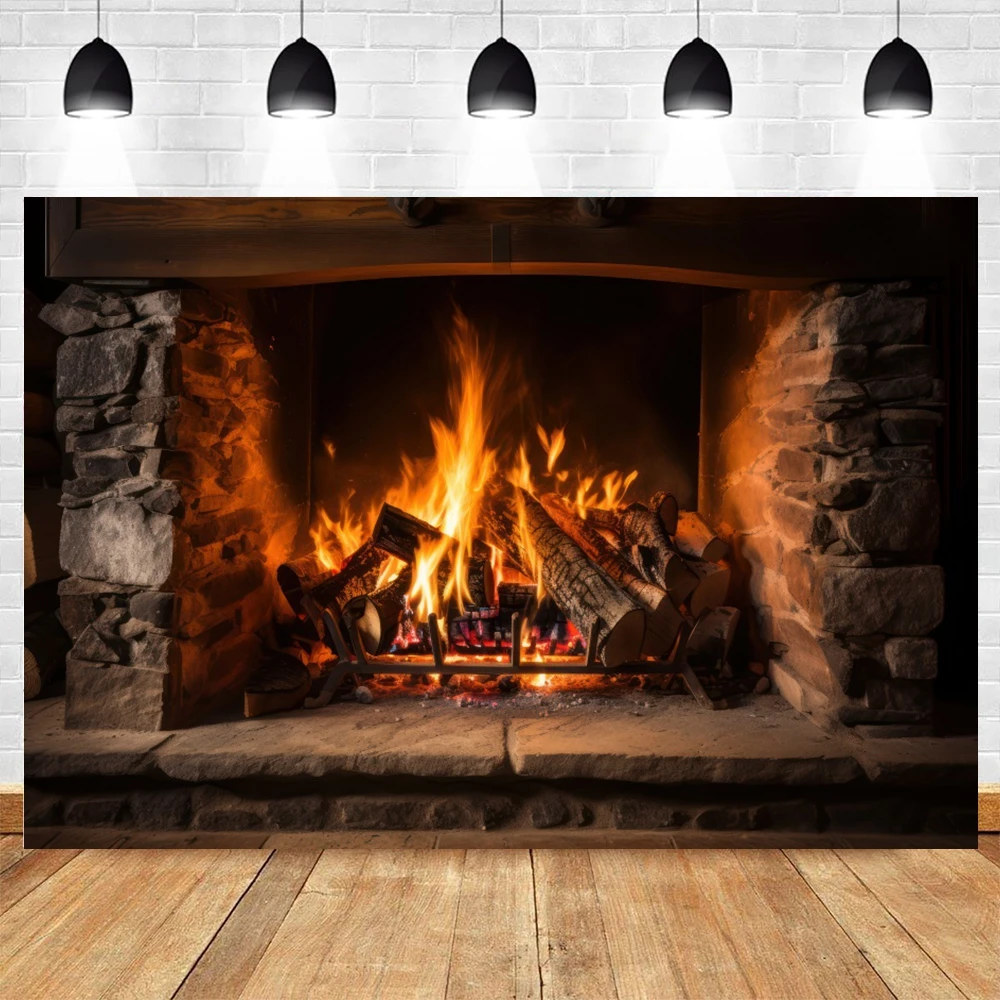 Christmas Fireplace Background for Photography Burning Firewood Flame New Year Home Decor Photographic Backdrops Photo Studio