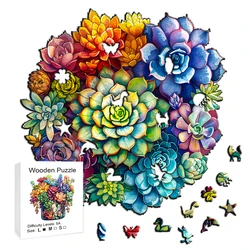 Succulent Plant Wooden Puzzle - Fun Family Activity for Stress Relief and Intellectual Development - Portable Educational Game