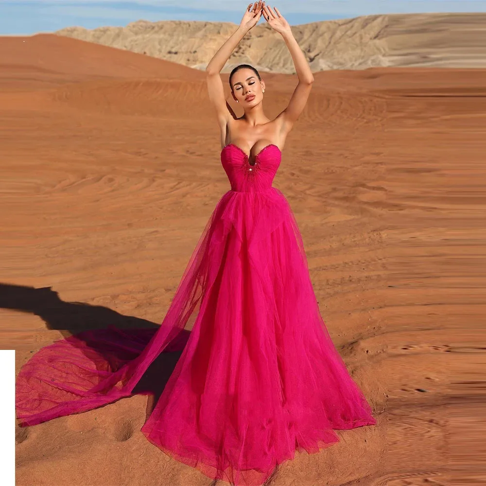 Sweetheart Fuschia Tulle gaun malam Prom gaun malam pantai belahan samping gaun pesta Formal VestidosCL-618 panjang