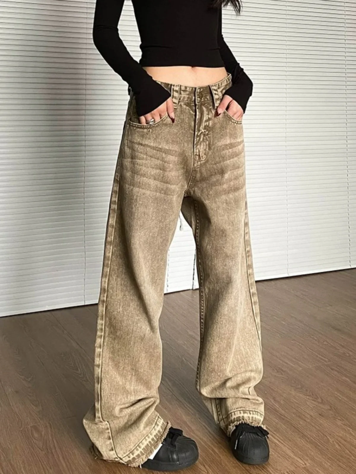 

Brown 2024 Women Jeans High Waist Fashion American Vintage Streetwear Y2K Wide Leg Jean Female Denim Trouser Baggy Denim Pants