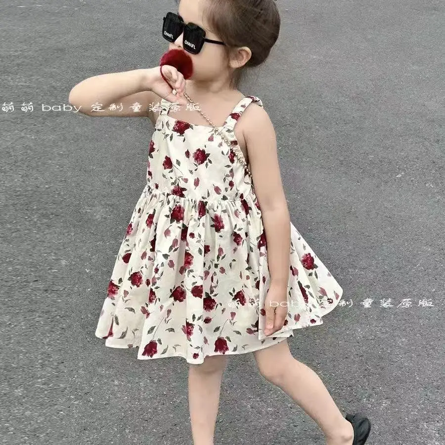 Girls' Retro Rose Backless Dress Children's Fashion Camisole Vest Dress Summer New Style 2 3 5 7 Years