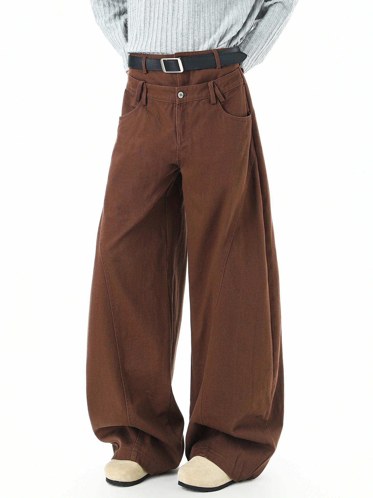 

American Sle Loose Casual Pants Men's Straight Leg Workwear Trousers with Knife Cut Splicing Middle Waist Cotton Spring