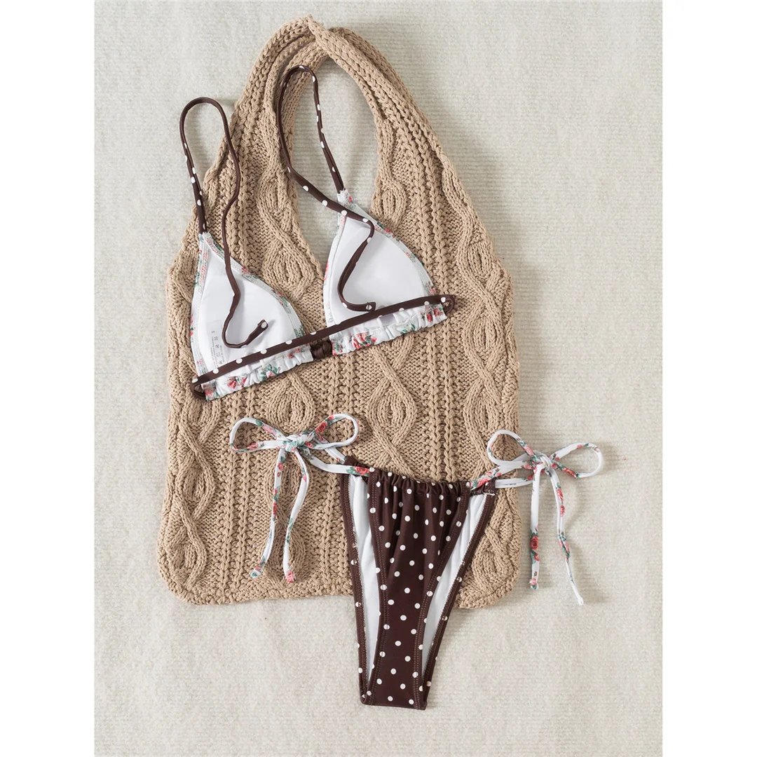 Neuer, mit Blumen- und Punktmuster versehener, hoch geschnittener Bikini für Damen, zweiteiliger Badeanzug, Badebekleidung, Badeanzug, Modell V6964. – Detail 5