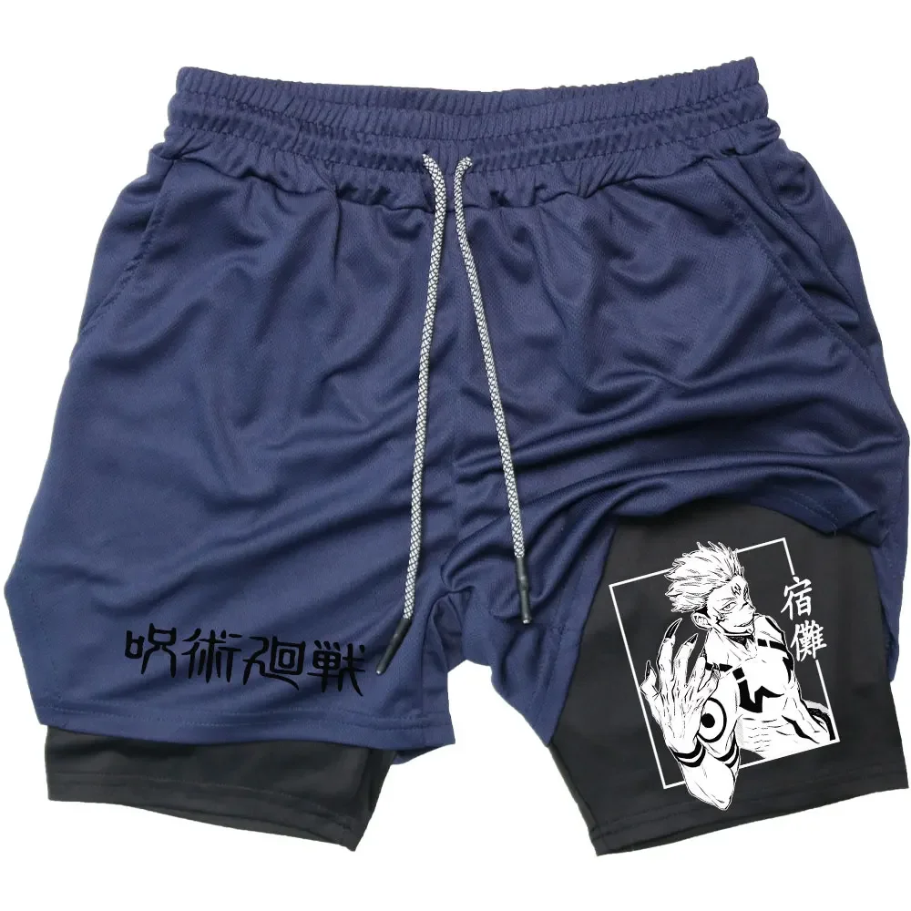 Unisex 2 em 1 Shorts De Compressão, Shorts De Desempenho De Anime, Jujutsu Kaisen Print, Fitness, Corrida, Treino, Calças Curtas