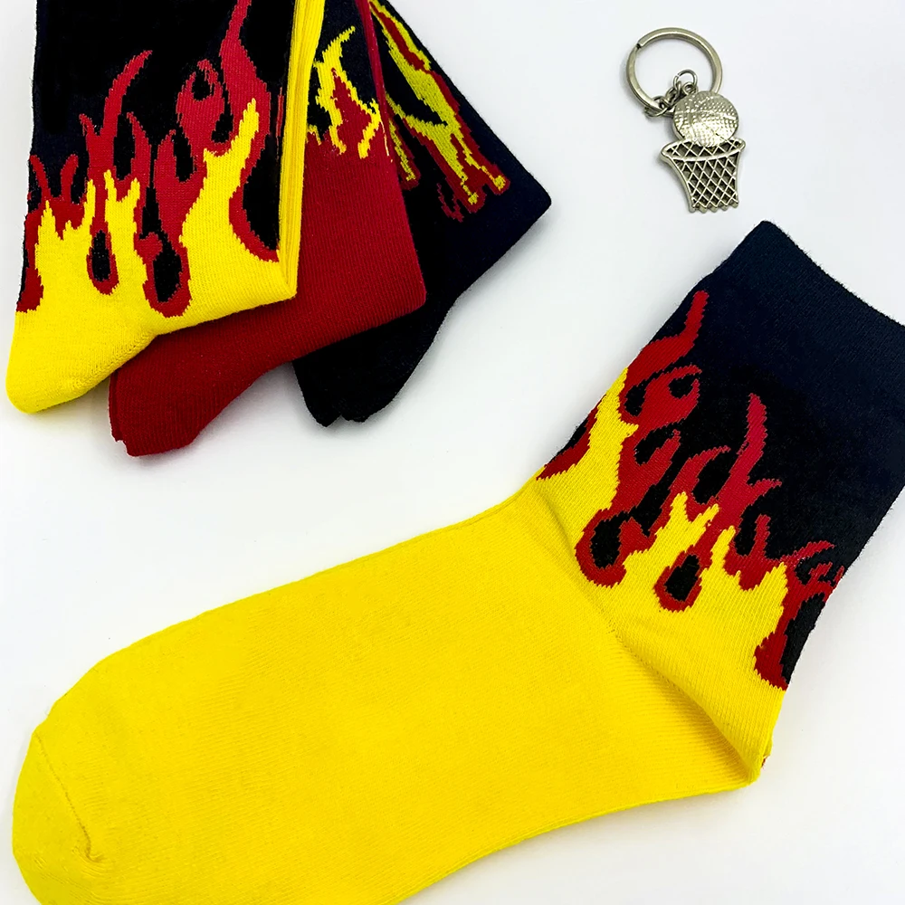 

Men Fashion Hip Hop Hit Color on Fire Crew Socks Red Flame Blaze Power Torch Hot Warmth Street Skateboard Cotton Socks Cool