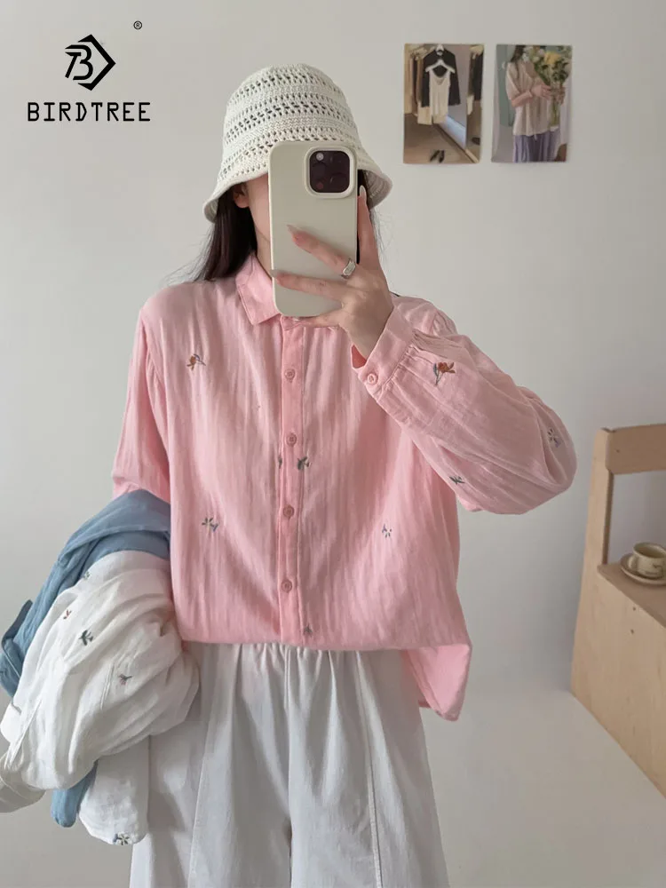 

New 2025 Autumn Cotton Yarn Long Sleeve Shirt, Women Turn-down Collar Embroidery, Mori Girl Prairie Chic Loose Blouse T5O454CC