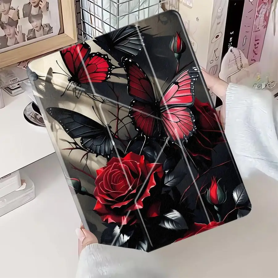 

Чехол-подставка для планшета с красными розами и черными бабочками для iPad Mini 6 7 Pro 2025 Air 4 5 M3 M2 1 2 M4 11 дюймов Pro 11th 10th