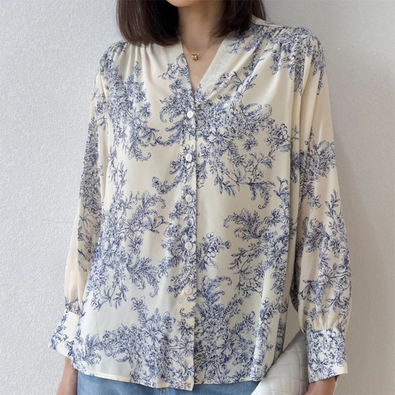 Women Silk Shirt 100% Mulberry Crepe Silk White Floral Printed Buttons Down Long Sleeve Top Blouse Office Lady M L XL M1129