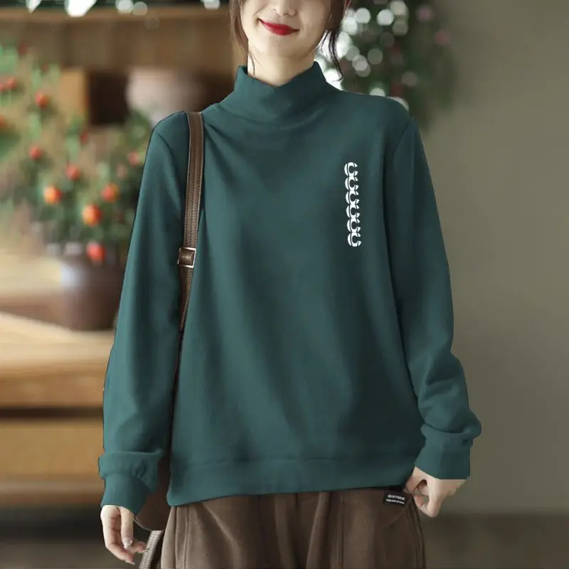German Velvet Loose Stand-up Collar Velvet Sweater Half Turtleneck Long-sleeved T-shirt Plus Velvet Bottoming Shirt for Women