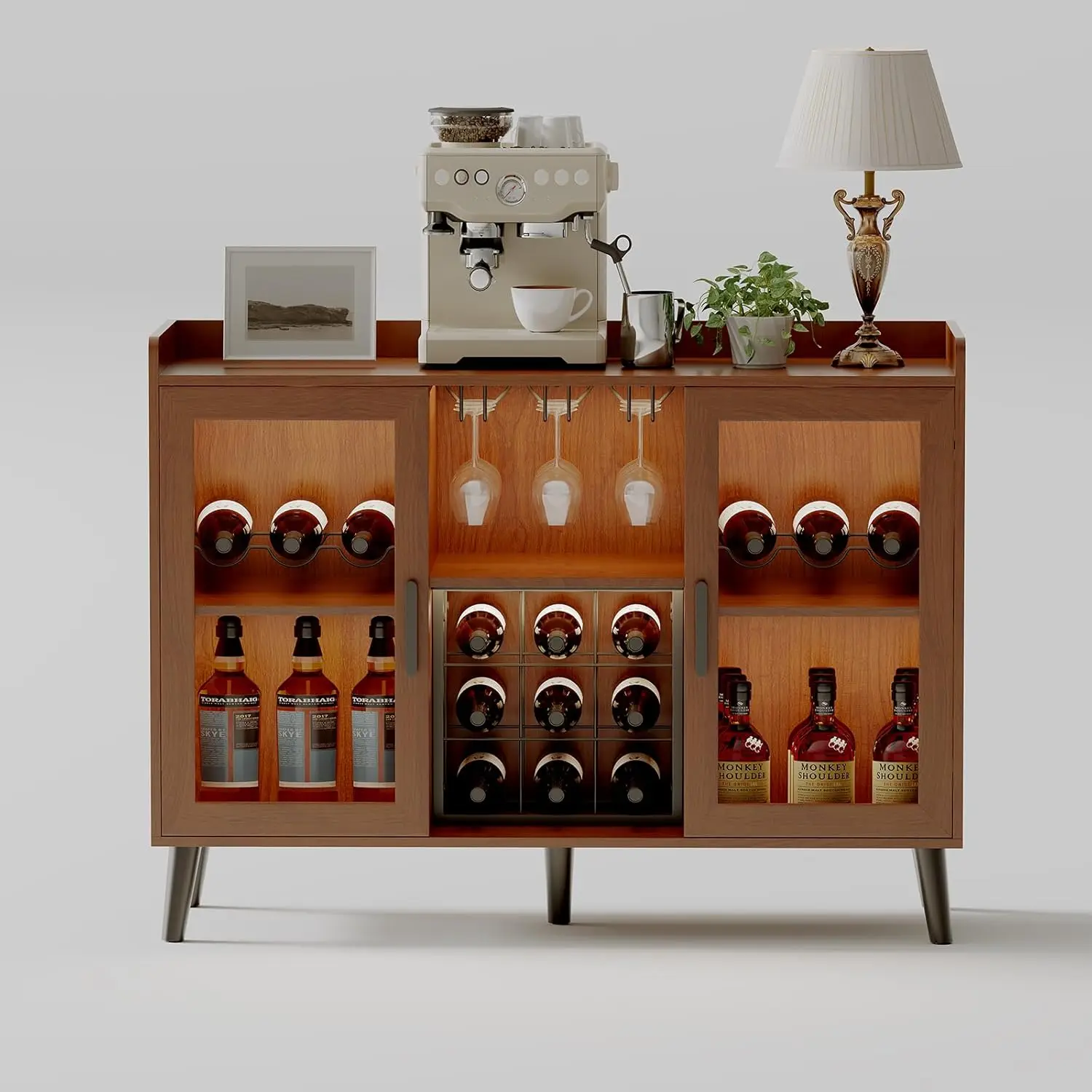 

LED Wine Bar Cabinet Glass Doors Racks Holders Wood Coffee Station Freestanding Home Kitchen Walnut, Customized