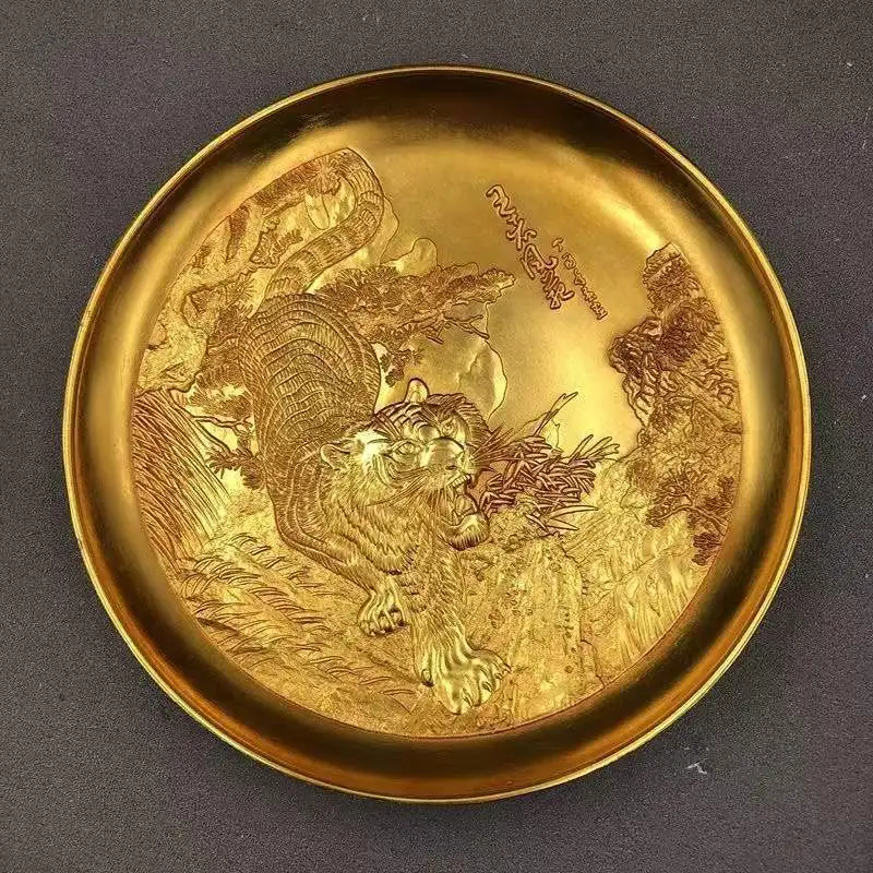 

Antique Antique Antique Pure Copper Thickened Gilding Chinese Zodiac Tiger Tray Tea Tray Saucer Vintage Copper Ware Rural Old Ob