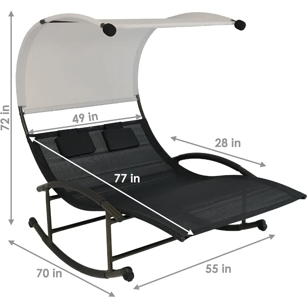 Outdoor Sun Loungers Double Chaise Rocking Lounge Chair with Canopy and Headrest Pillows - with Powder-Coated Frame Sun Loungers