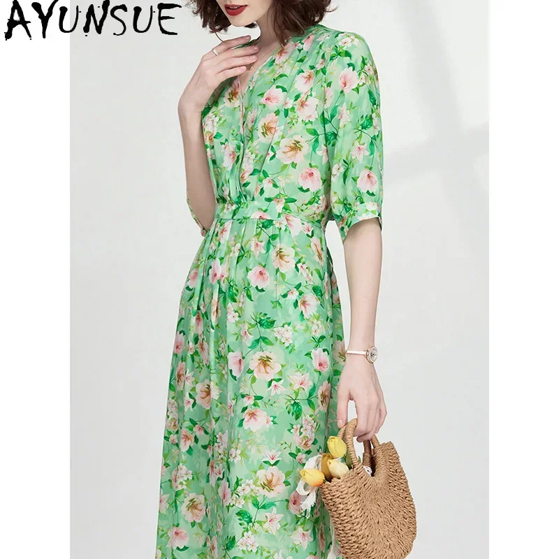 AYUNSUE 100% Real Mulberry Silk Dresses Summer 2024 Woman Party Green Mid Dress Luxury Fashion Women Clothing Vestido Verde