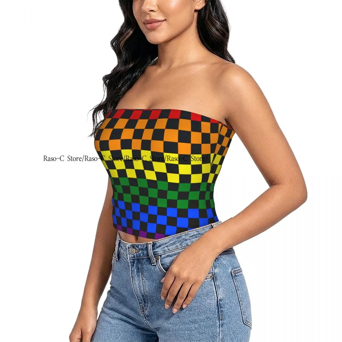 Women's strapless halter top Checked Board Rainbow Chessboard summer sexy short-sleeved top