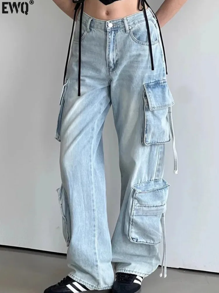 

[EWQ] High Waist Big Pockets Tassel Design Washed Denim Pant Loose Wide Leg Pants Streetwear Women Autumn New Tide 2024 16O1120