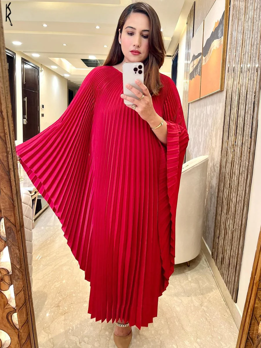 Miyake Pleated Women Dress of 2024 Solid Color Flying Sleeve Irregular Long Dresses Casual Style Femme Chic Et élégante Summer