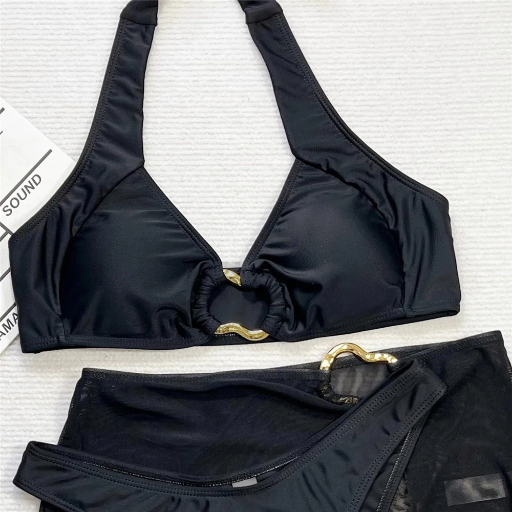 Bikini con scollo all'americana nero Set 3 pezzi Copricostume in rete Costume da bagno sexy da donna Anello in metallo Scava fuori Costumi da bagno 2025 Abbigliamento da spiaggia Bikini Mujer