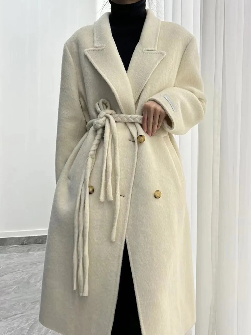 2024 New High-End Wool Woven Belt Suit Collar Double-sided Woolen Coat Women Winter New Elegant Wool Loose Slim Long Coats