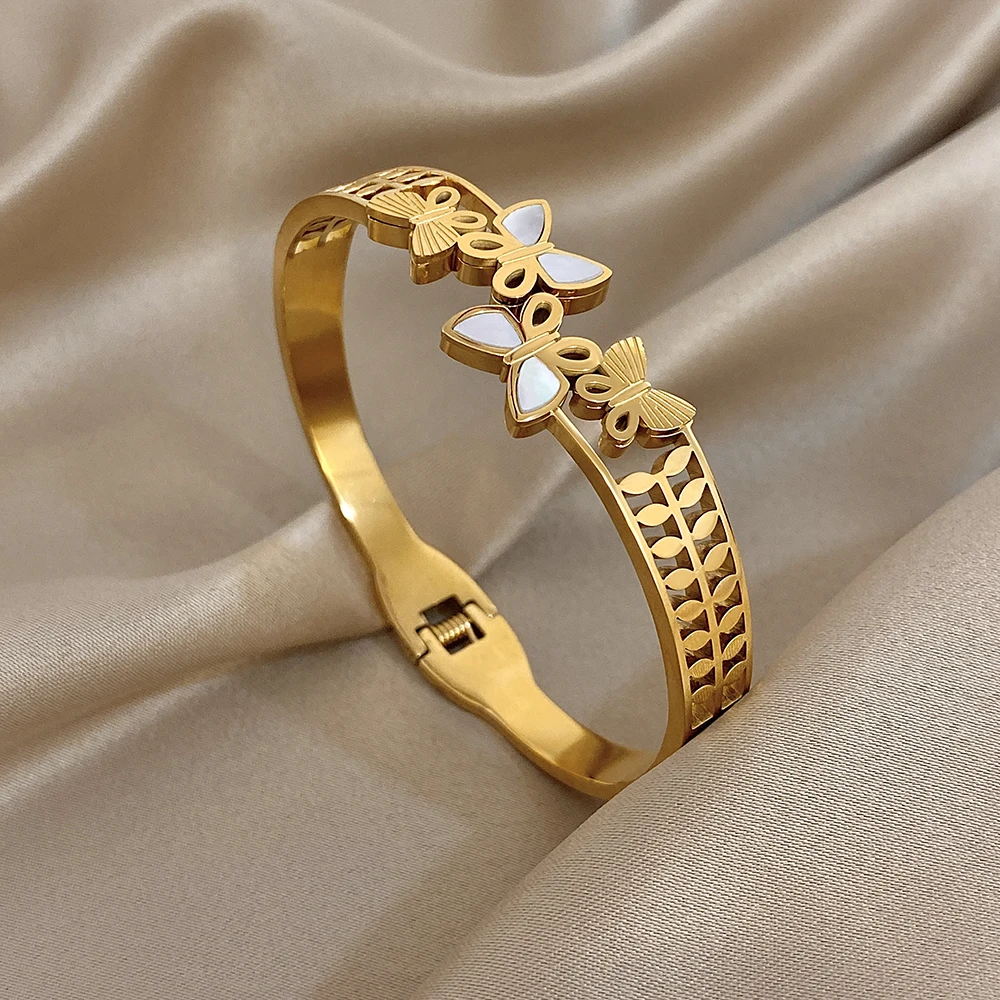 

Freetry Exquisite Butterfly Leaf Stainless Steel Bracelet Women Retro Hollow Gold Color Bangle Cuff Bracelet Waterproof Jewelry