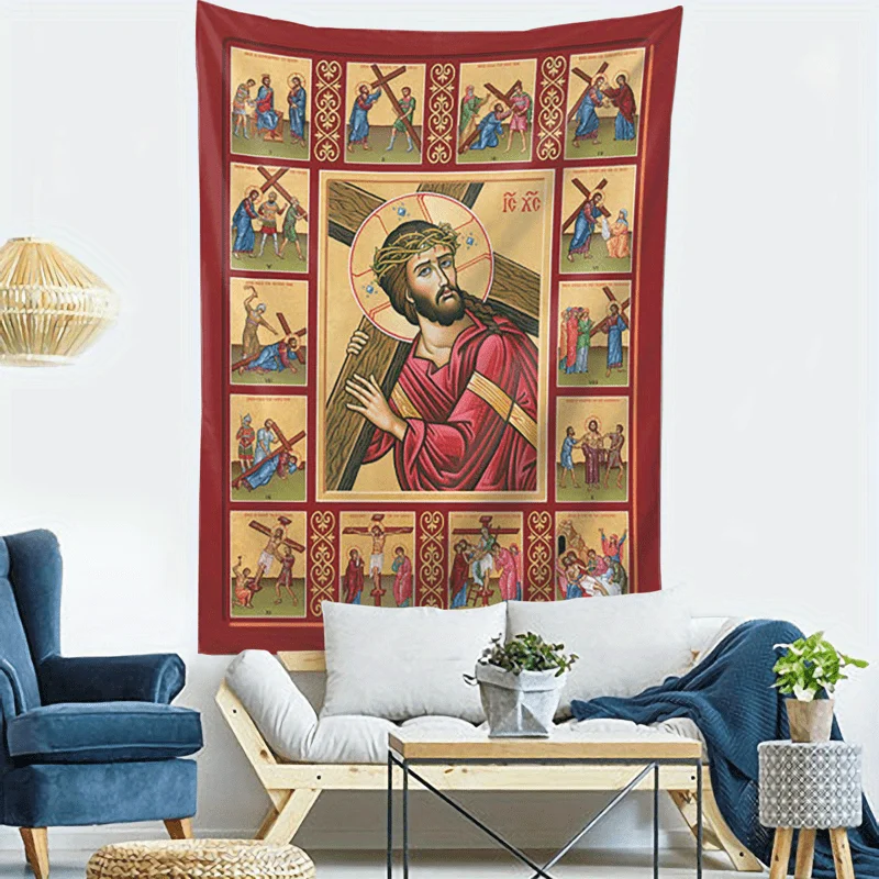 Tapiz con Icono de Jesús Cargando la Cruz, Impresión a una Cara, Arte Mural Sagrado y Duradero, Decoración para el Hogar y el Dormitorio, Estilo Ortodoxo, Decoración para la Temporada de Cuaresma
