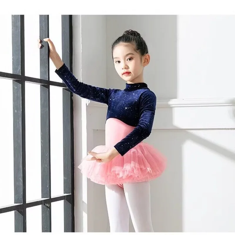Stand-up collar children's dance clothes autumn and winter long-sleeved golden velvet girl body test