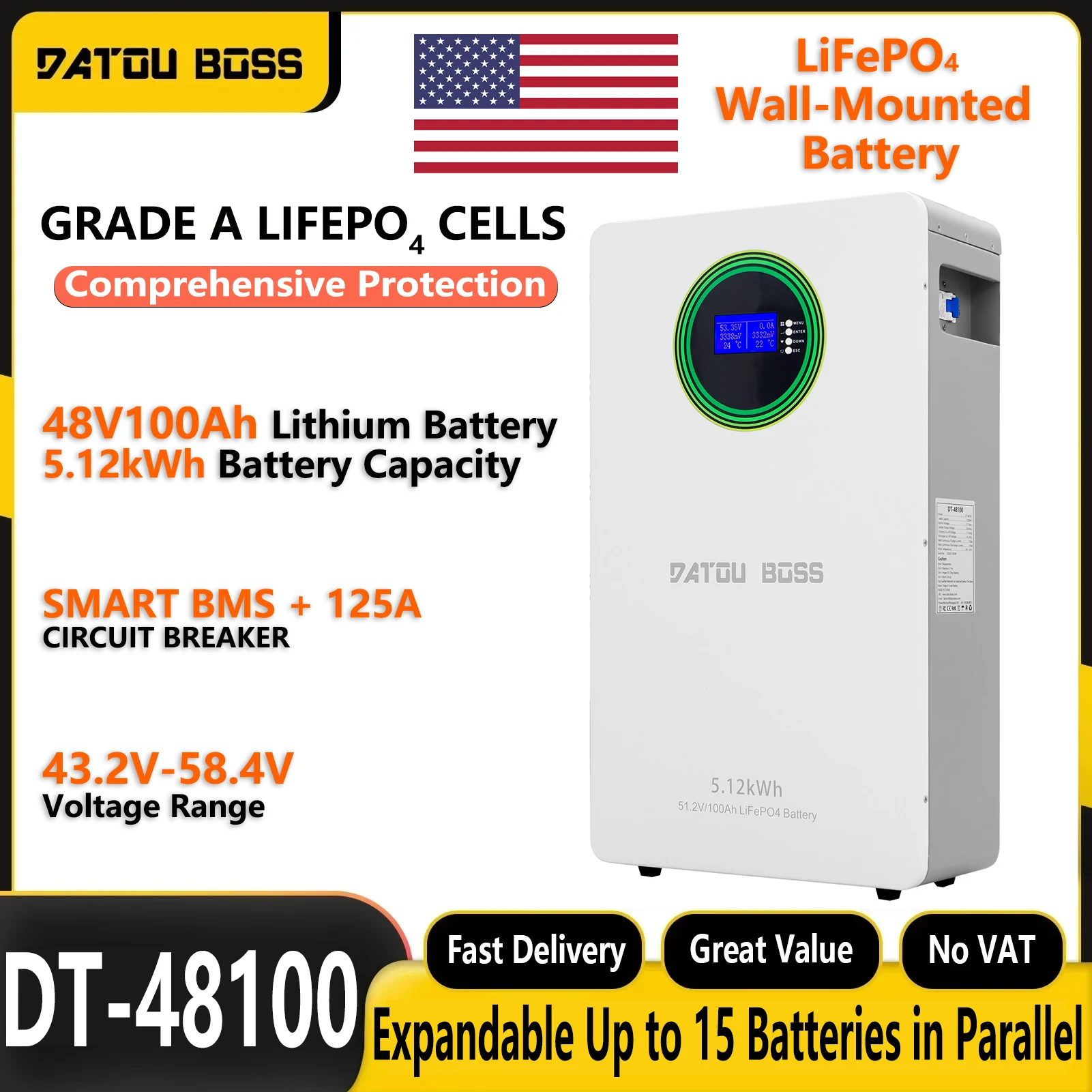 Lifepo4 12V 100Ah Bms Bluetooth - Batterie LiFePO4 murale DATOUBOSS 51,2 V