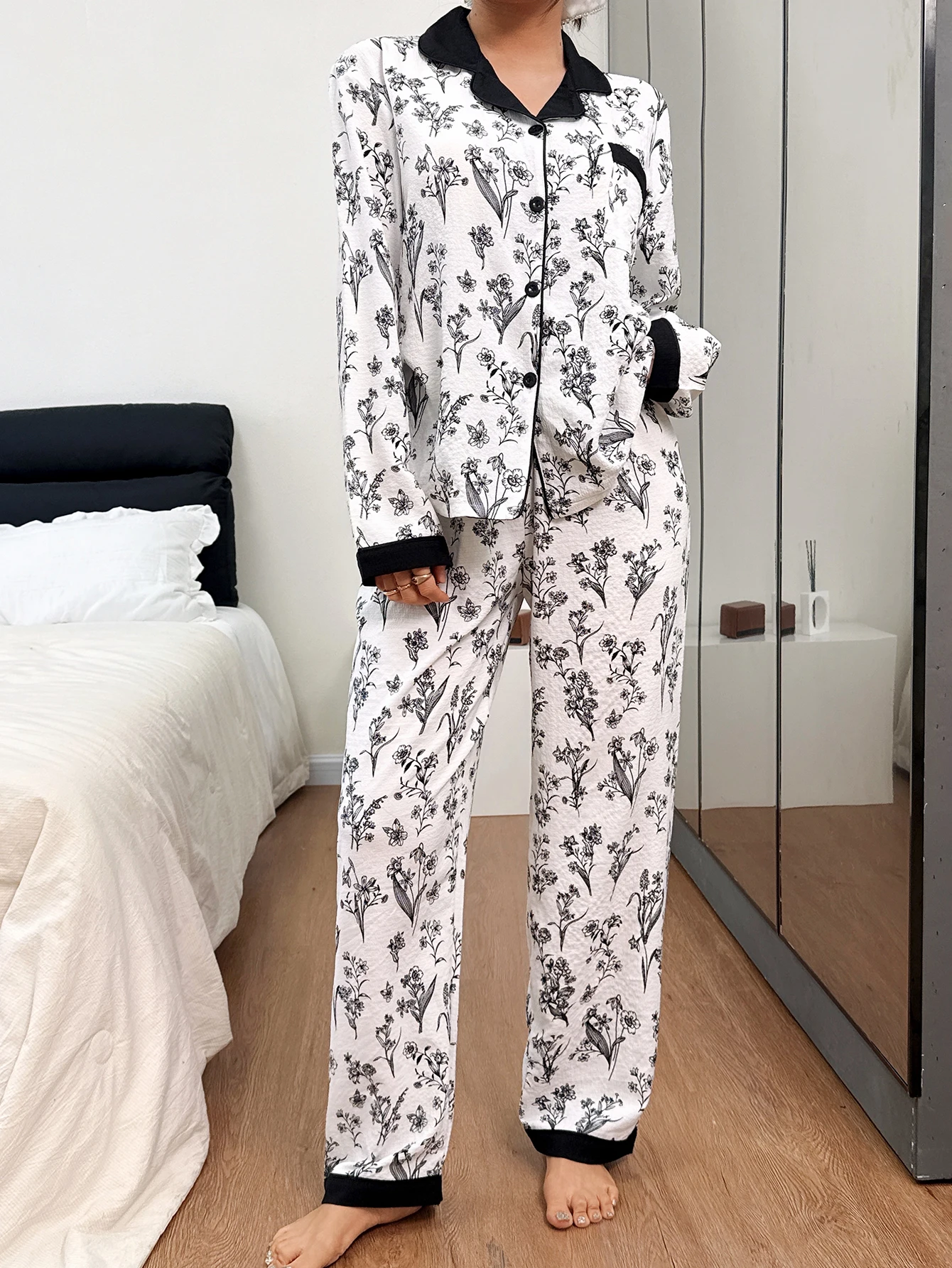 طقم بيجامة نسائي مكون من قطعتين للخريف والشتاء مطبوع عليه زهور، بلوزة بأزرار سفلية وسراويل طويلة، طقم ملابس نوم كاجوال مناسب للاستخدام المنزلي #3