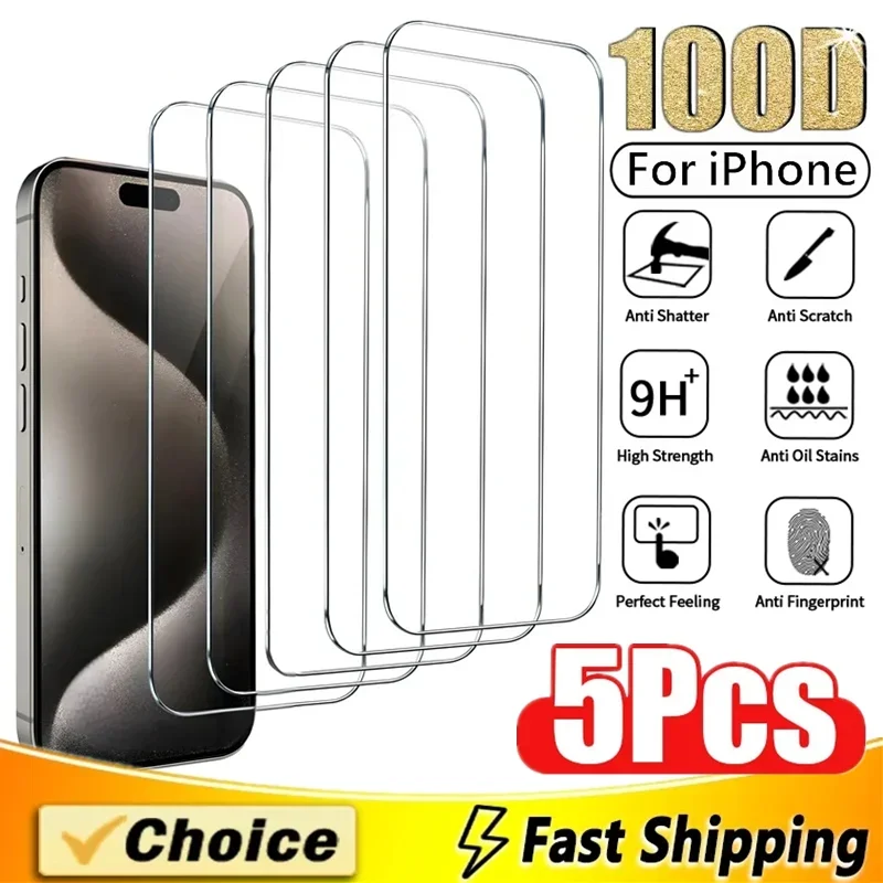 5Pcs Tempered Glass For iPhone 15 11 12 13 14 Pro Max Mini Screen Protector For iPhone XR X XS 14 15 7 8 Plus Protective Glass