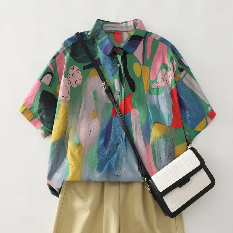 Summer Women's Casual Loose Short Sleeve Shirt Print Turn-down Collar Single Button Cotton Linen Blend Top