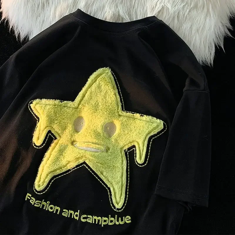 

American Plush Star Embroidery Short-sleeved T-shirt Women's 2023 Summer New Y2K Plus Size Casual Couple Round Neck Tops Tees