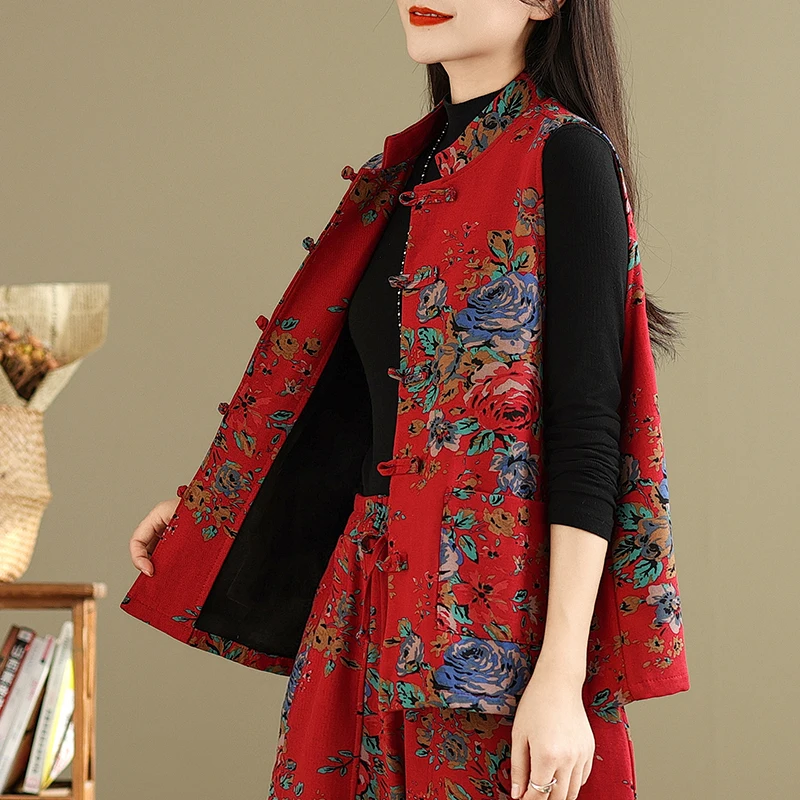 

Women's Warm Fce Lined Vest Autumn Winter Floral Print Traditional Chinese Sle Button up Cotton Jaet Outerwear