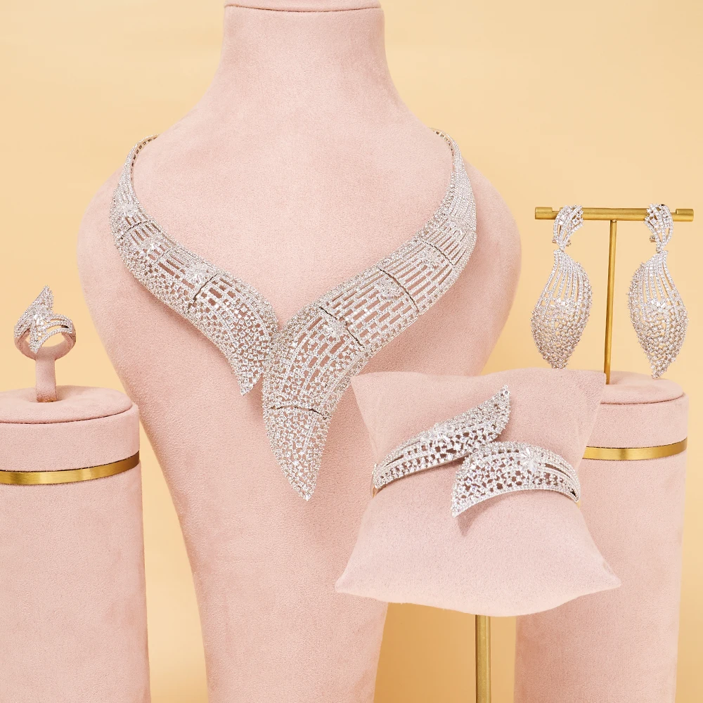 INJEWELIFE Nigeria Hyperbole Elegant Bridal Big Necklace Set for Women Cubic Zirconia Wedding Jewelry Sets Brides Accessories