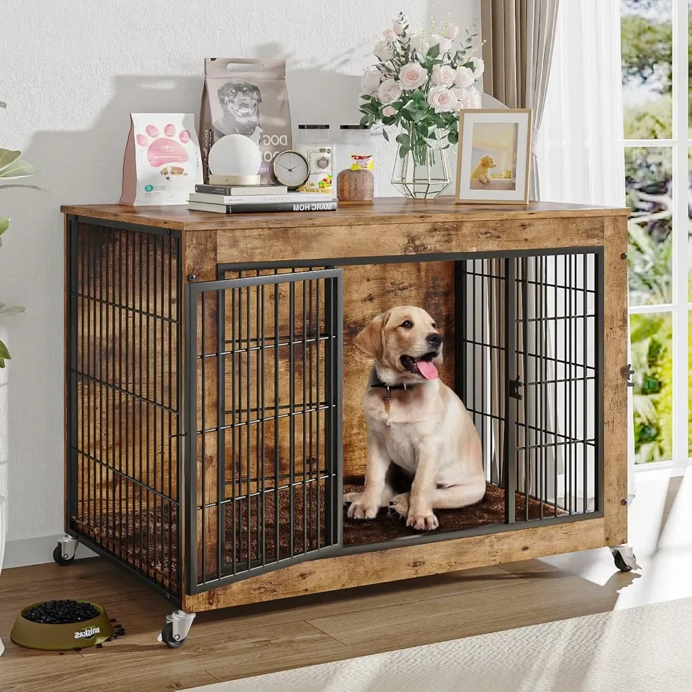 

32 Inch Dog Crate Furniture with Cushion, Wooden Double Doors Dog Kennel Cage Indoor with Wheels, Pet House Decorative Side End