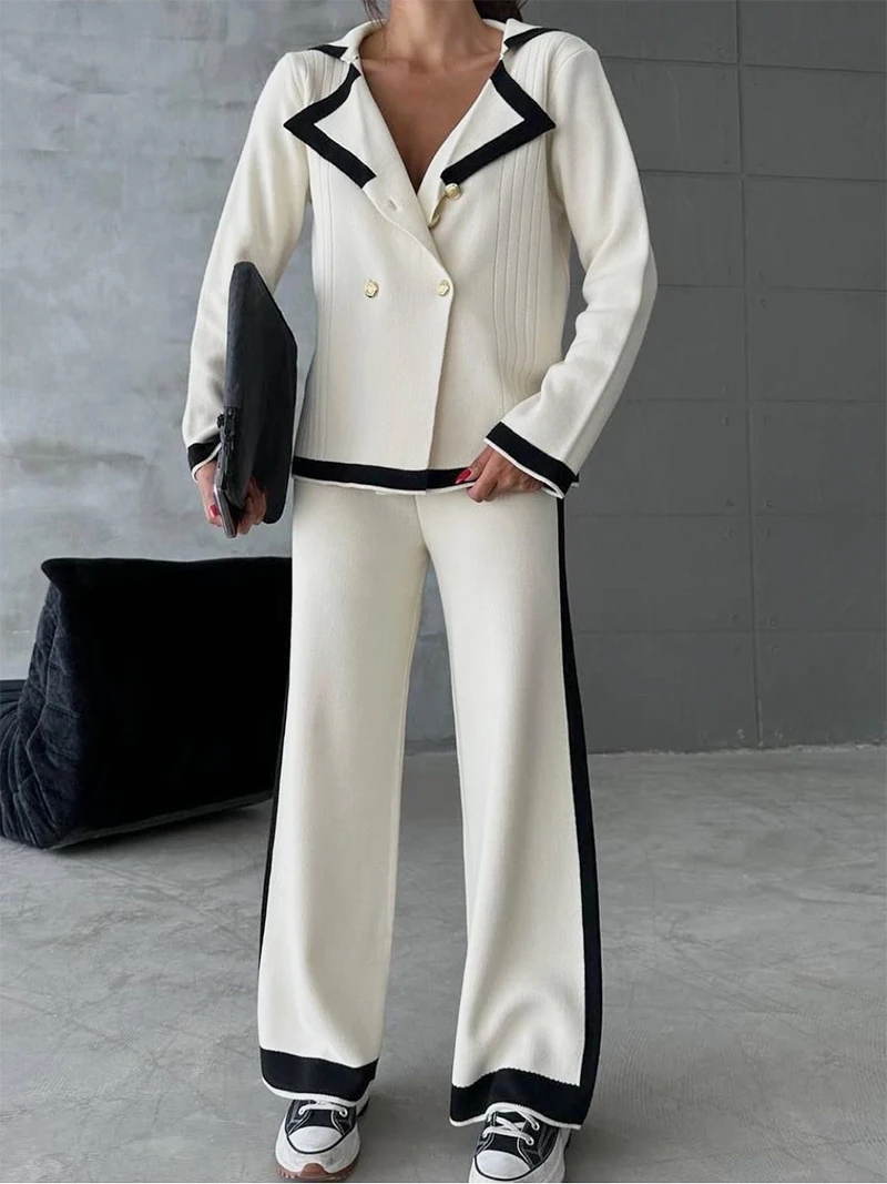 Elegant Knitted Blazer Set Women Black White Tracksuit Women Two Piece Set Casual Winter Knitted Two Piece Set For Women 2024