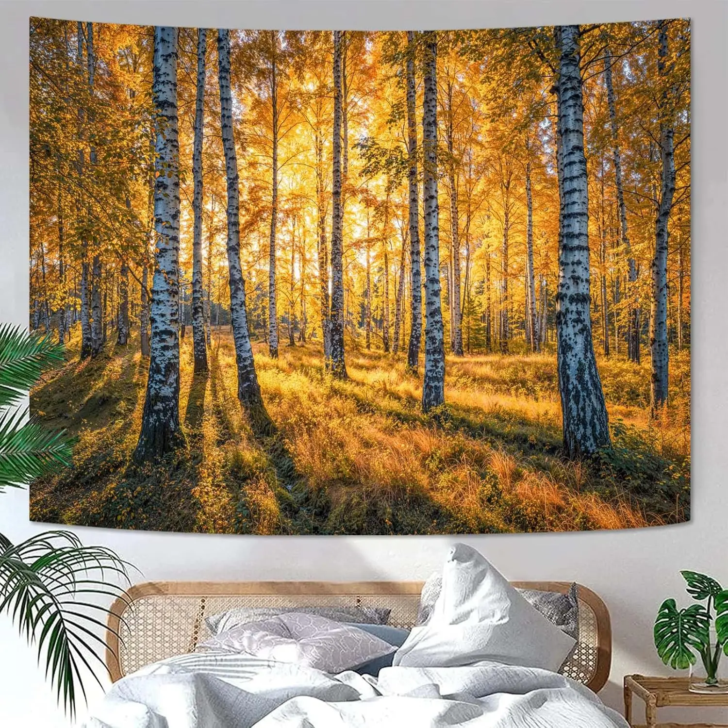 High Quality Autumn Forest Birch Landscape Tapestry Wall Hanging Gold Nature Decor Bohemian Style Artwork Polyester Room Decorat